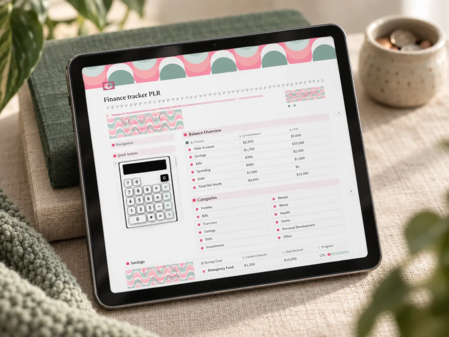 Finance tracker dashboard on a tablet propped against notebooks, with a small coin jar in the background