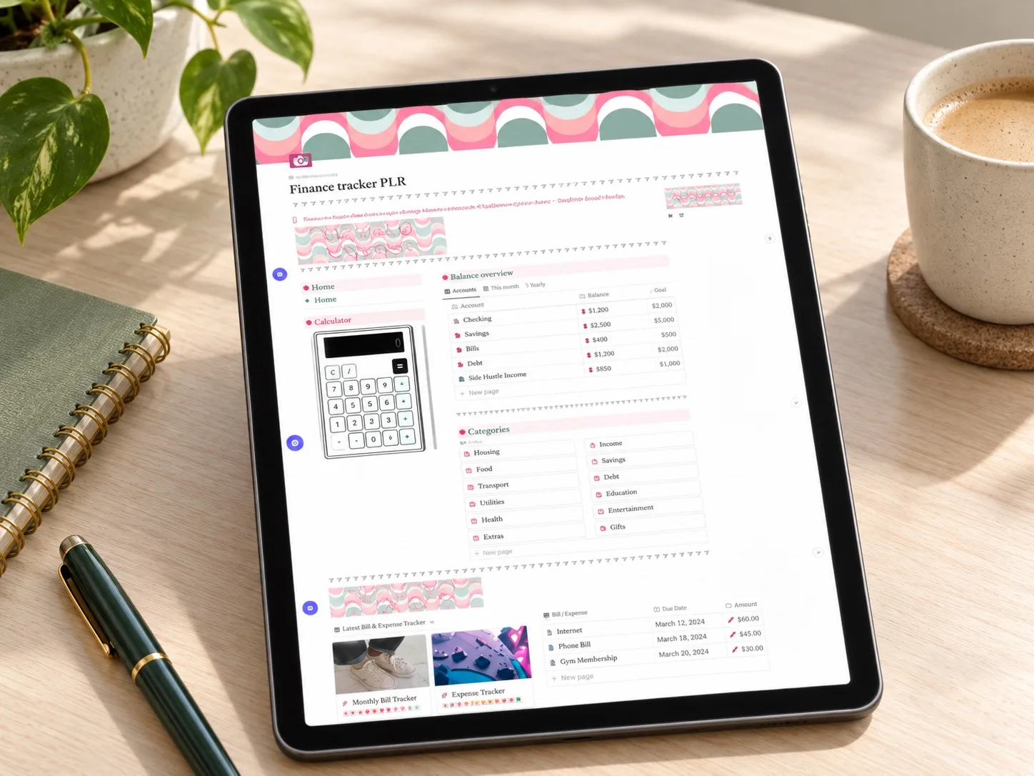 Finance tracker dashboard displayed on a tablet on a calm planning desk